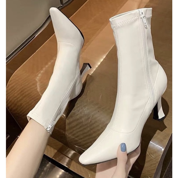 Boots cổ ngắn mũi nhọn da mềm êm chân gót cao 7cm