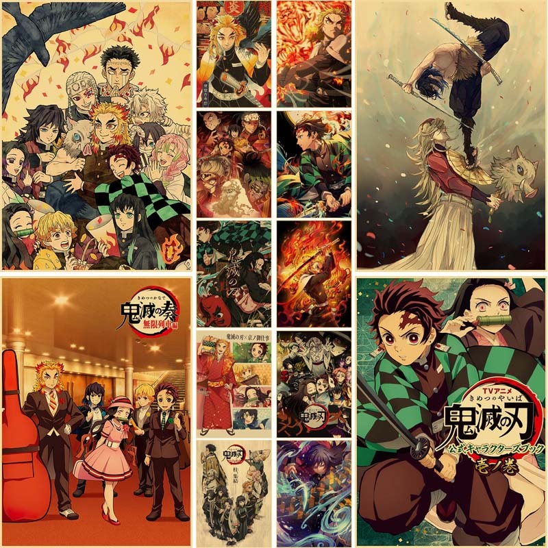 Tranh Giấy kraft Treo Tường In Hình demon slayer kimetsu no yaiba Kiểu retro Hiện Đại Trang Trí Phòng Khách