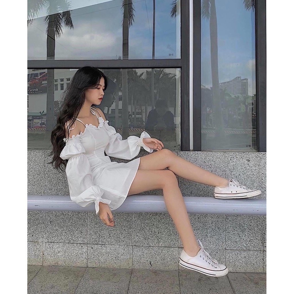 ☘️ Đầm dự tiệc trễ vai tay bồng tinh khôi ☘️ Đầm công chúa hai dây hai màu trắng đen siêu xinh HD03 | BigBuy360 - bigbuy360.vn