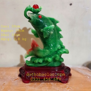 Tượng Cá Chép phong thủy nhả ngọc màu xanh ngọc cao 39cm