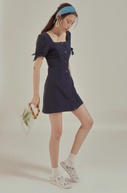 Đầm cổ vuông tay nơ (có 2 màu, ảnh thật)