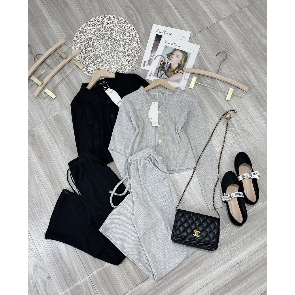 Set bộ croptop nữ thun gân mix quần ống rộng nữ cổ V đồ bộ nữ thể thao