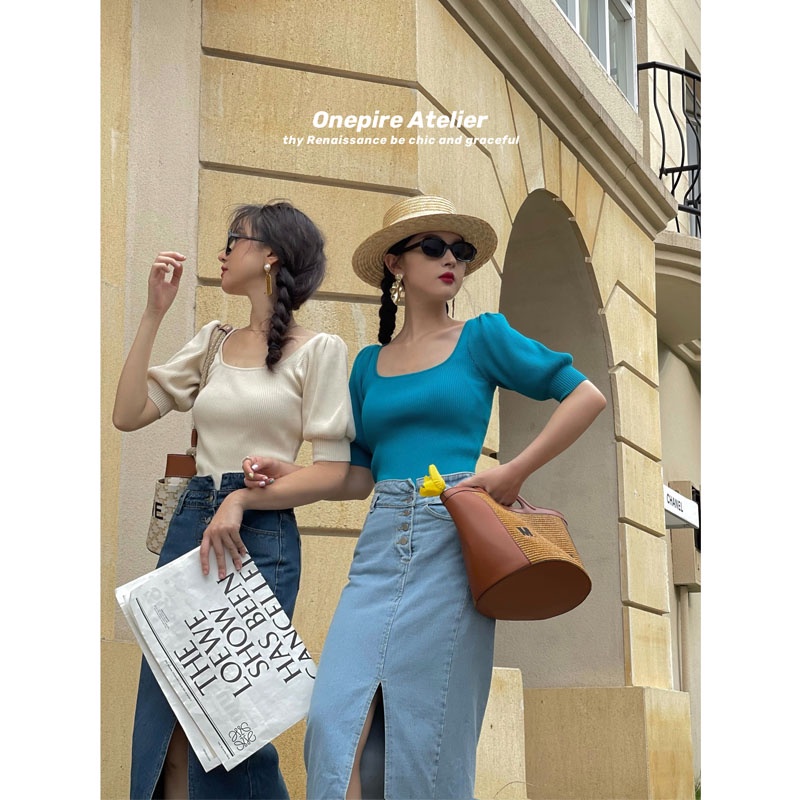 Áo thun bằng vải dệt kim tay ngắn phồng cổ vuông màu sắc cổ điển thời trang mùa hè cho nữ