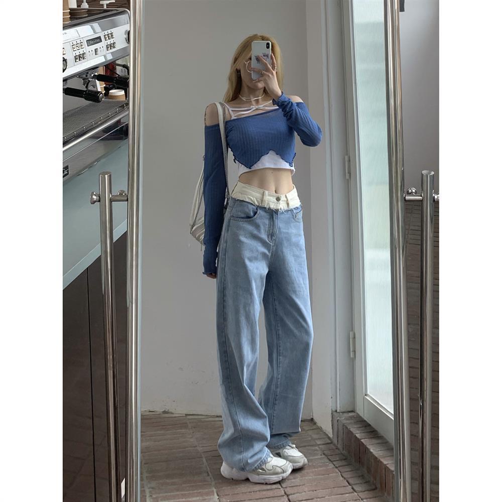 Quần Jean Dài Lưng Cao Ống Rộng Thời Trang Mùa Thu Cho Nữ