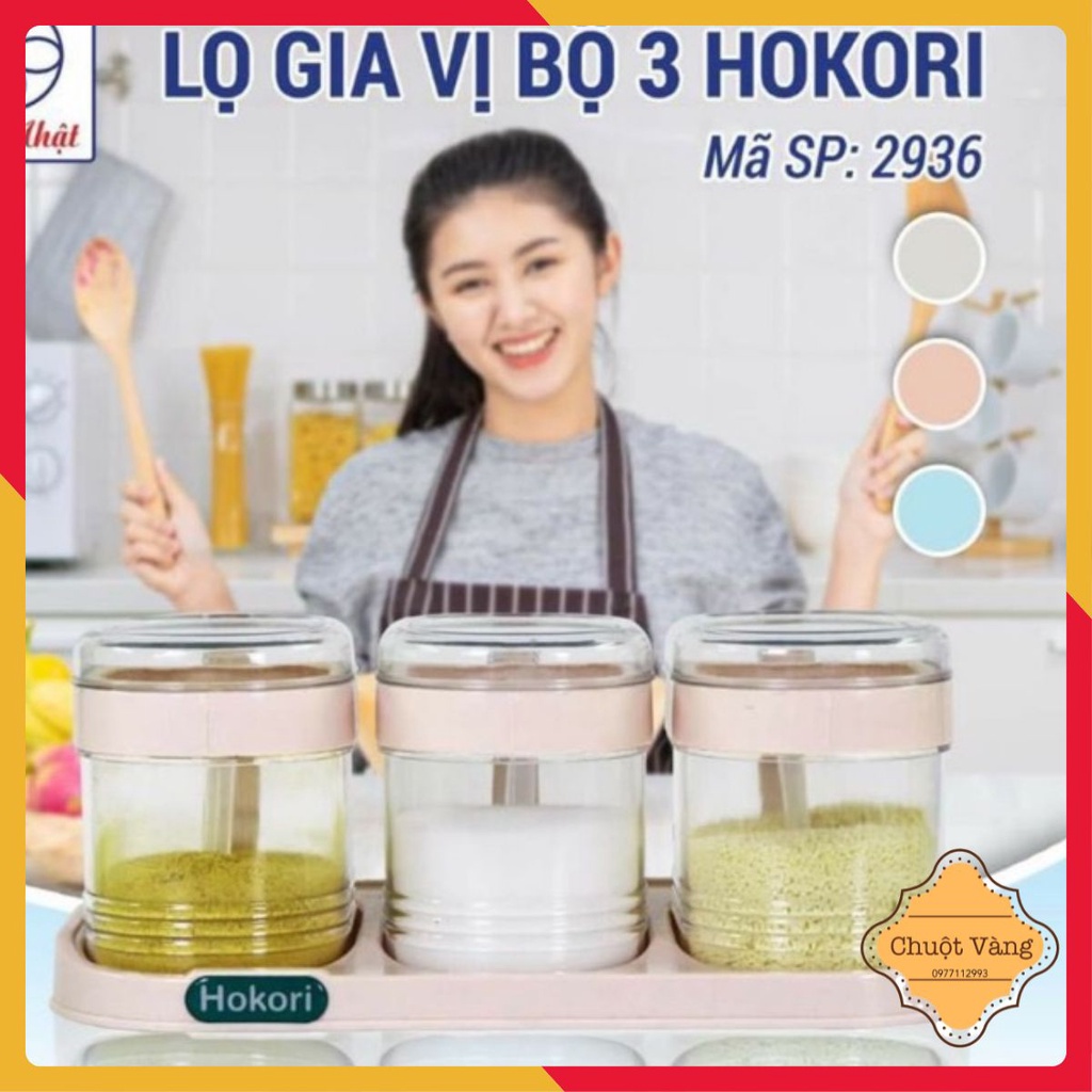 Set 3 hũ đựng gia vị HOKORI nhựa trắng trong suốt kèm muỗng dung tích 700ml