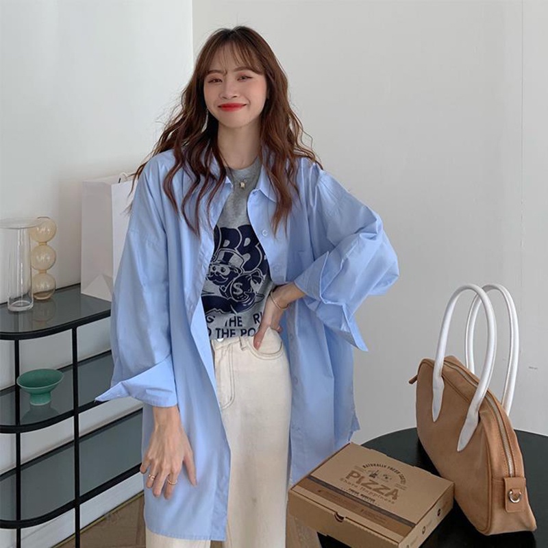 Áo sơ mi IELGY dài trung bình dáng rộng có túi phong cách Hàn Quốc thời trang cho nữ