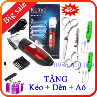 Tông đơ cắt tóc Kemei KM-730 sạc điện - Kéo cắt tóc. Combo kèm kéo cắt tỉa, đèn ráy tai, áo choàng cắt tóc.