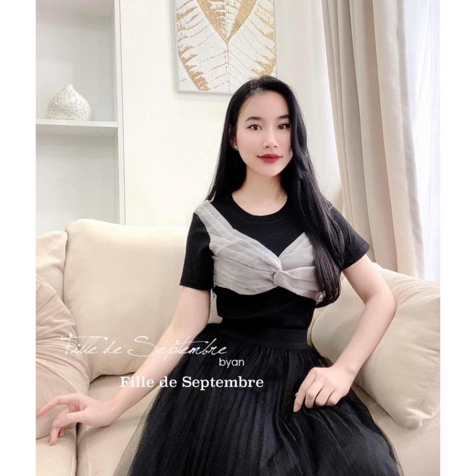 Áo thun nữ kiểu xoắn nơ ngực dáng ôm, t shirt kiểu cổ tròn ngắn tay nội y xanh chất đẹp giá tốt