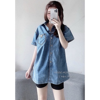 Áo sơ mi Jean nữ tay ngắn phom rộng in hình cute vải Jean đẹp mềm may kỹ
