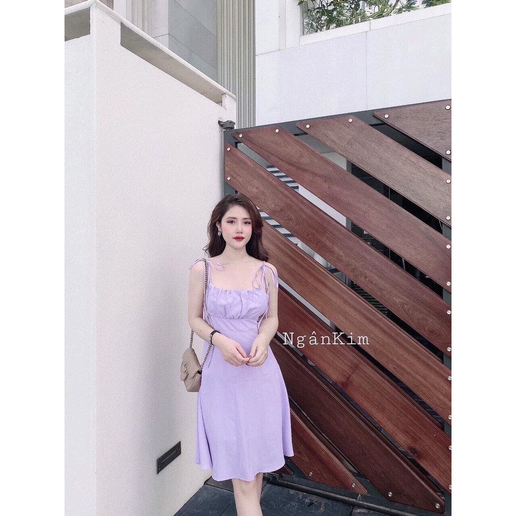 Đầm 2 dây tím xếp ly ngực