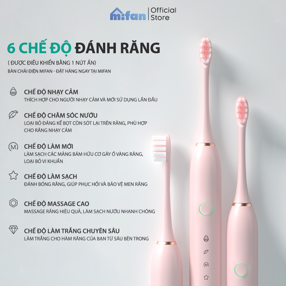 Bàn Chải Điện Mifan Sonic X2 Model 2021 - Bàn chải đánh răng máy sóng âm công nghệ Đức - Tặng kèm 3 đầu bàn chải