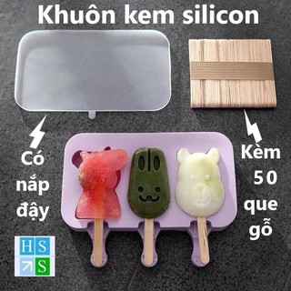 (Siêu HOT) Khuôn kem silicon hình Cute (3 que / khuôn , có nắp đậy) + Tặng kem 50 que gỗ (Giao mẫu ngẫu nhiên)