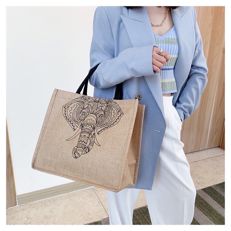 Túi cói vintage đi biển xách tay nữ size lớn vải bố lanh cao cấp Hàn Quốc