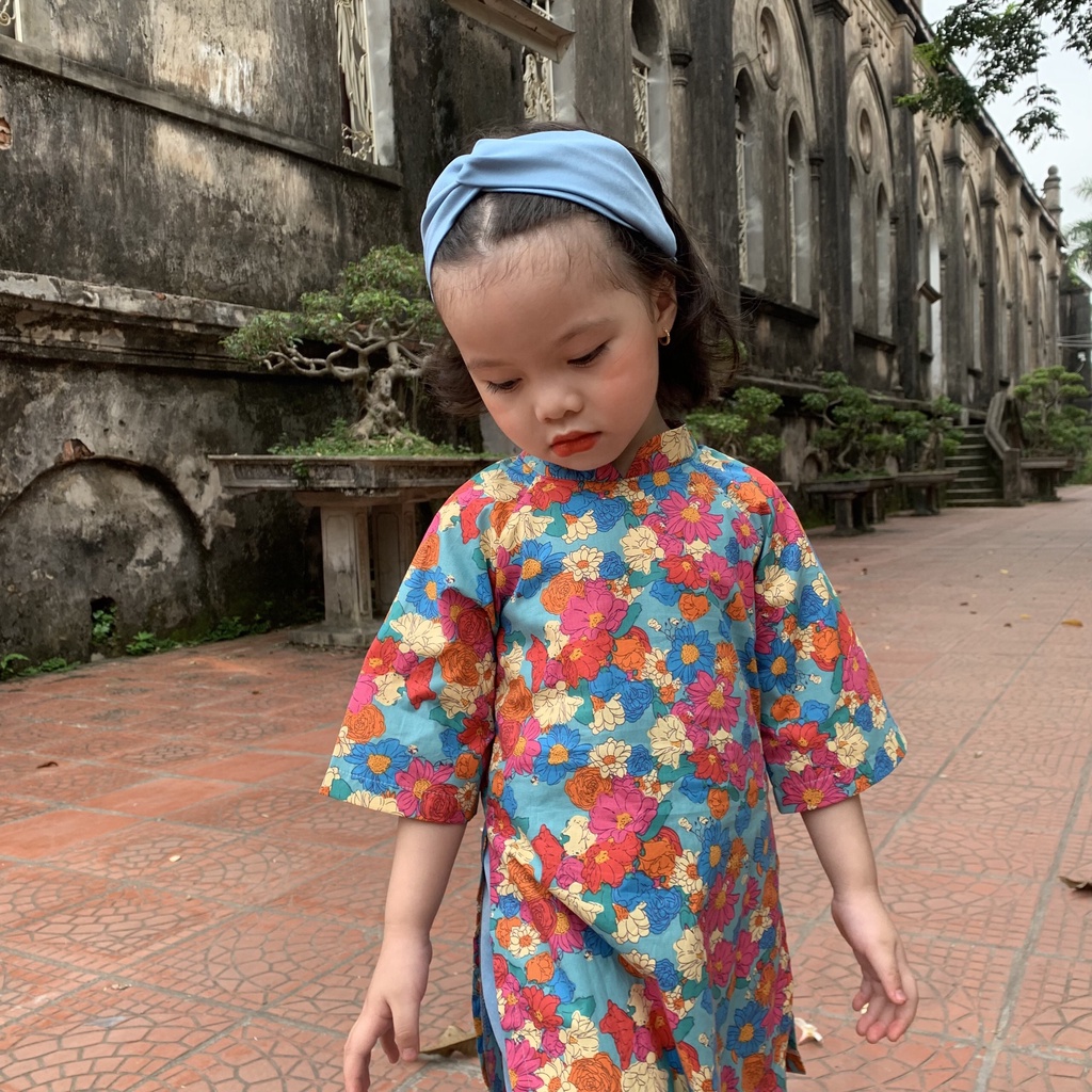 Áo dài cho bé gái Samkids  chất liệu thô cotton quần lụa ngọc trai, họa tiết hoa cực xinh cho bé