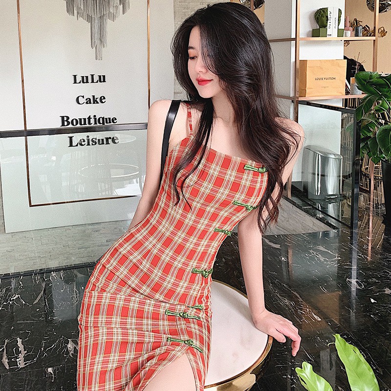 Đầm 2 dây kiểu sườn xám xẻ tà trung quốc ôm body sọc caro đỏ ulzzang