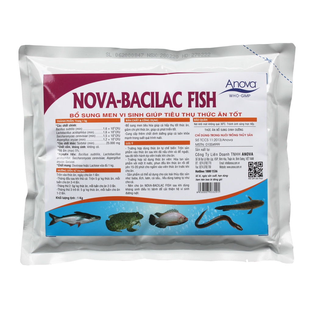 ANOVA Nova Bacilac fish-Bổ sung men tiêu hóa giúp cá hấp thụ tốt thức ăn giúp cá phát triển tốt , Gói 1kg Lonton store