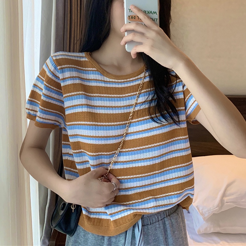 Áo thun ZHELIHANGFEI tay ngắn dáng rộng bằng lụa lạnh họa tiết kẻ sọc tương phản thời trang mùa hè 2022 xinh xắn cho nữ