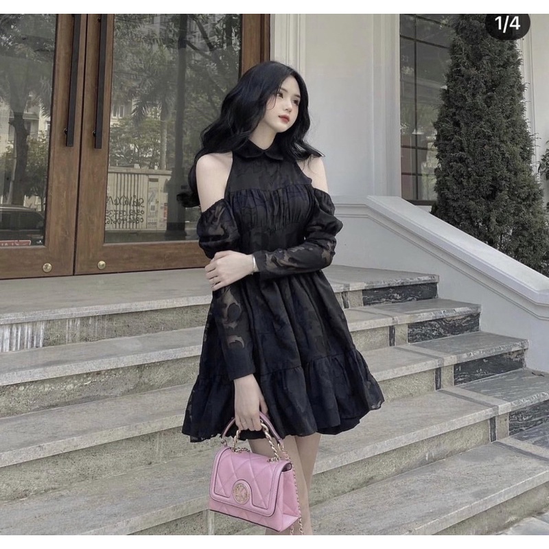 ĐẦM REN ĐEN YẾM CUT VAI TAY DÀI