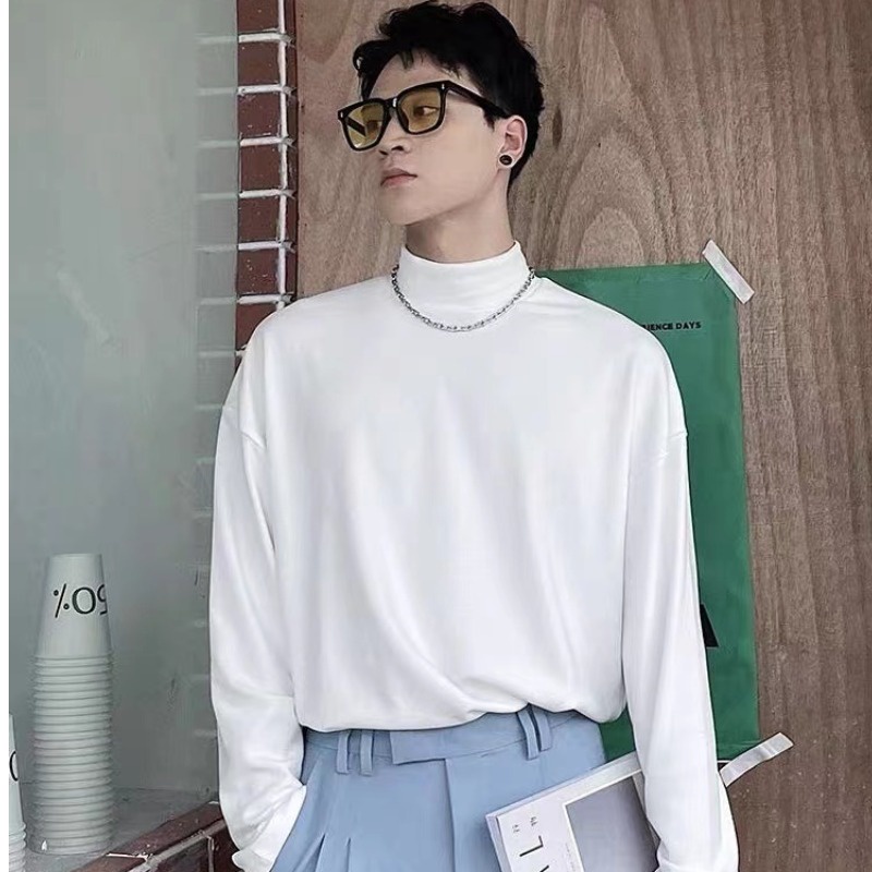 Áo Thun Dài Tay Cổ Cao Màu Trơn Thời Trang Hàn Quốc Cho Nam