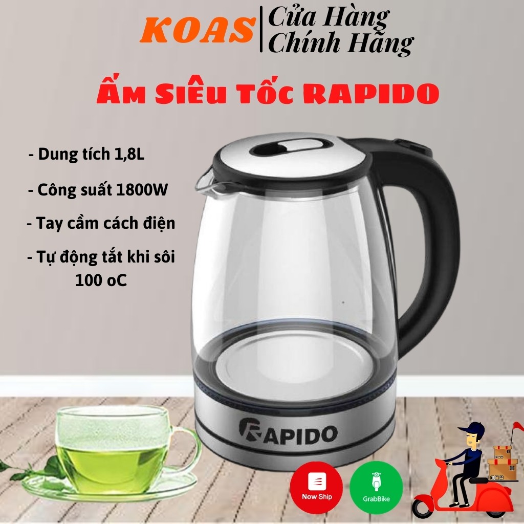 Ấm siêu tốc thủy tinh RAPIDO RK1818 cao cấp chịu nhiệt và chịu va đập cao