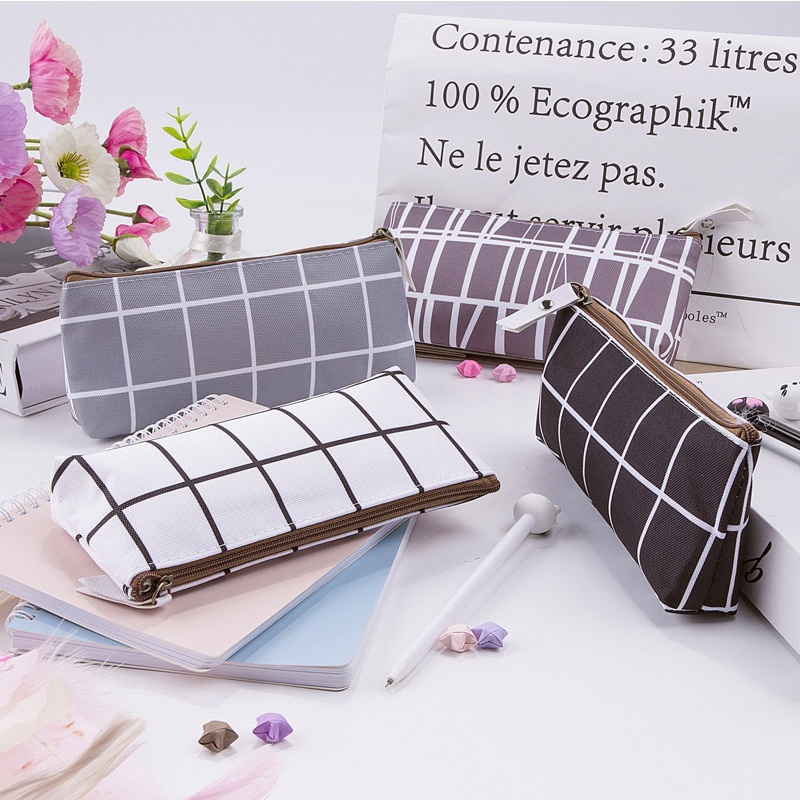 Túi Đựng Bút Bằng Vải Canvas Họa Tiết Kẻ Sọc Màu Trơn Có Khóa Kéo Sức Chứa Lớn Cho Học Sinh
