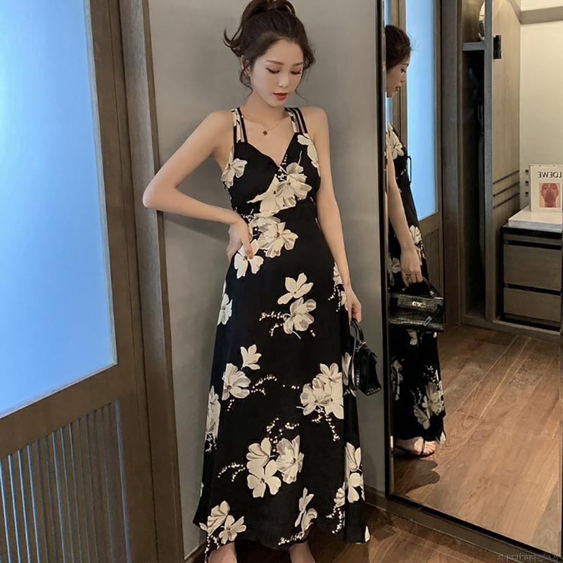 Đầm dây chiffon in hoa cổ chữ V gợi cảm duyên dáng cho nữ