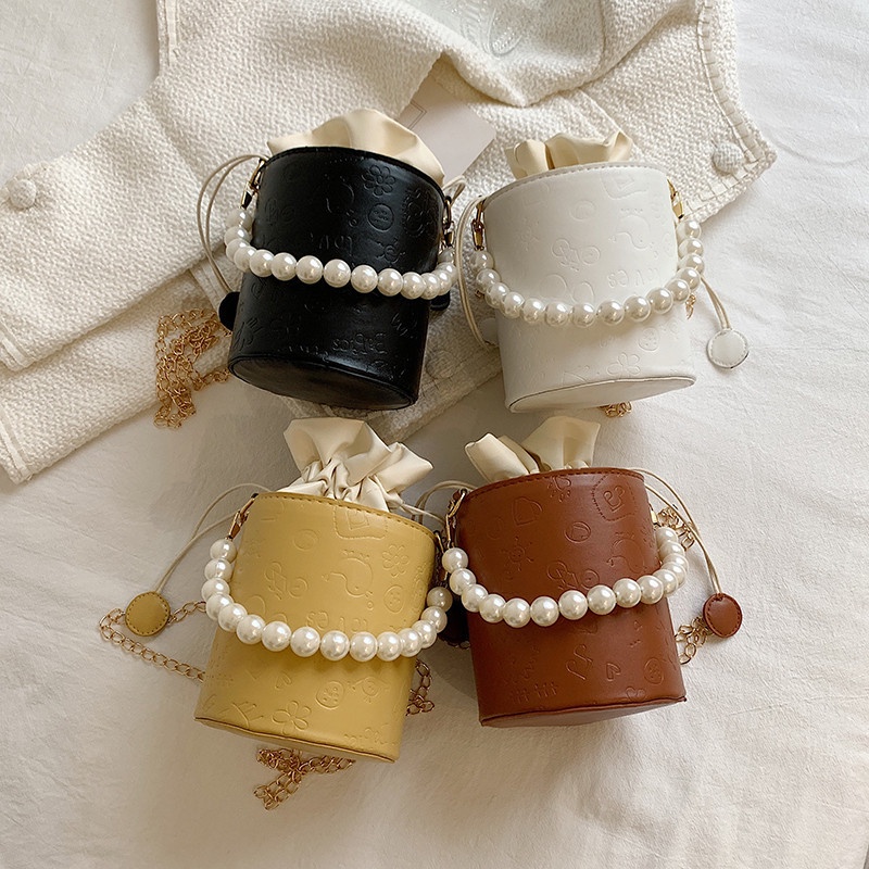 Túi đeo vai IELGY hình trụ đính ngọc trai hợp thời trang sang trọng cho nữ