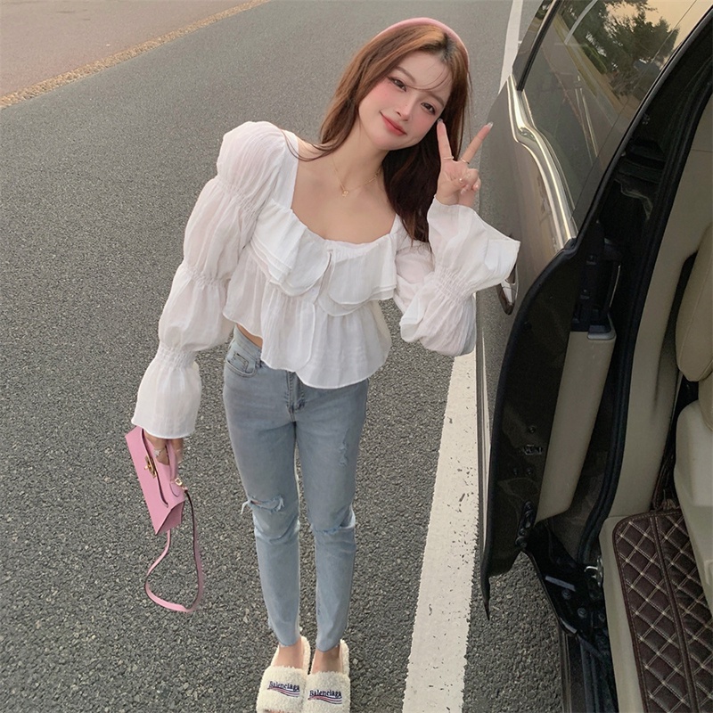 IELGY Korean style sweet V-neck ruffled long-sleeved shirt for women
