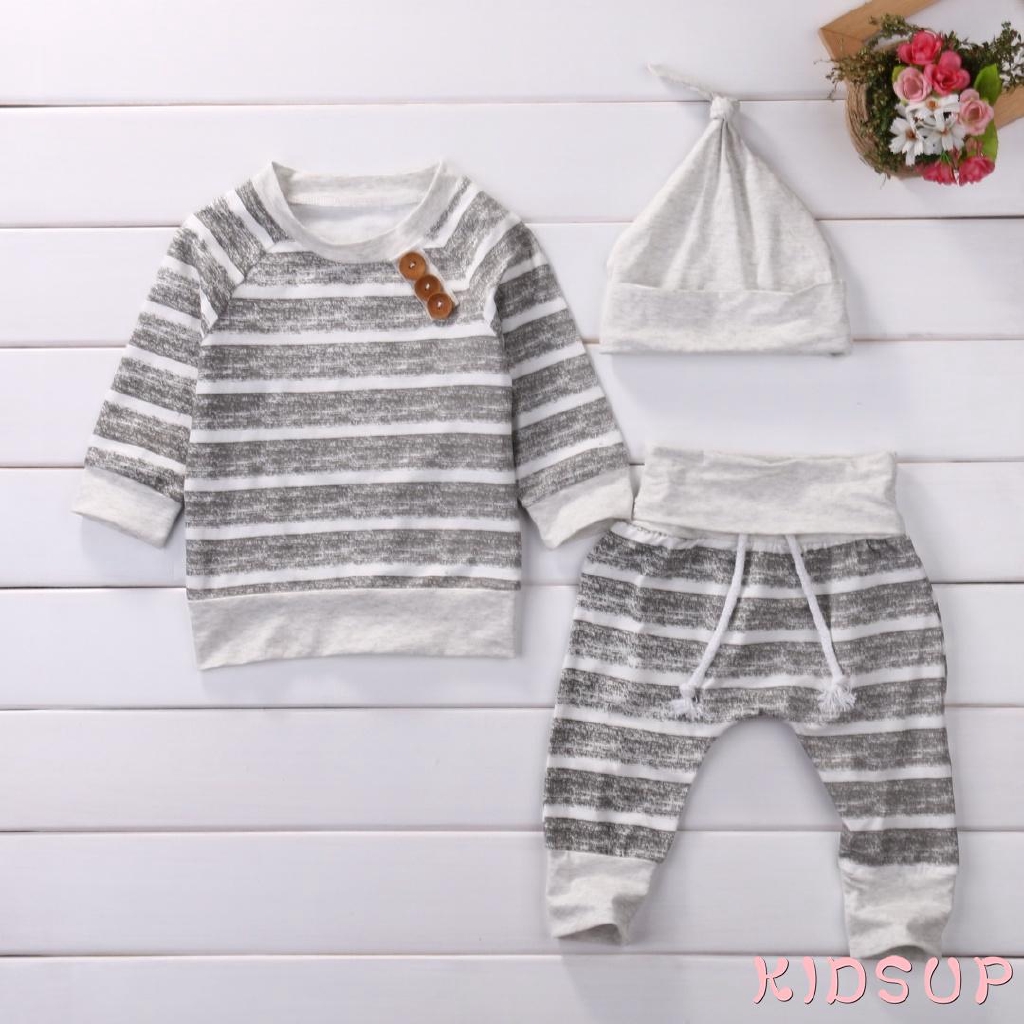 Bộ trang phục 3 món gồm áo dài tay + quần dài + mũ trùm đầu họa tiết sọc cho trẻ em