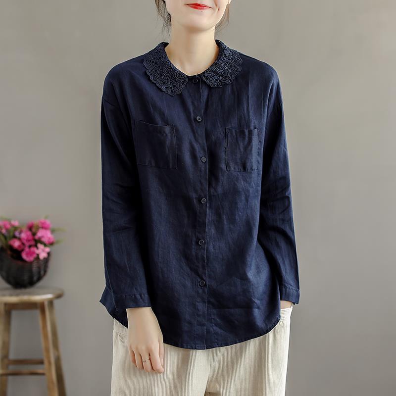 Ice lace lapel collar blouse cotton linen long-sleeved shirt Italian export tailor cut label female clearance