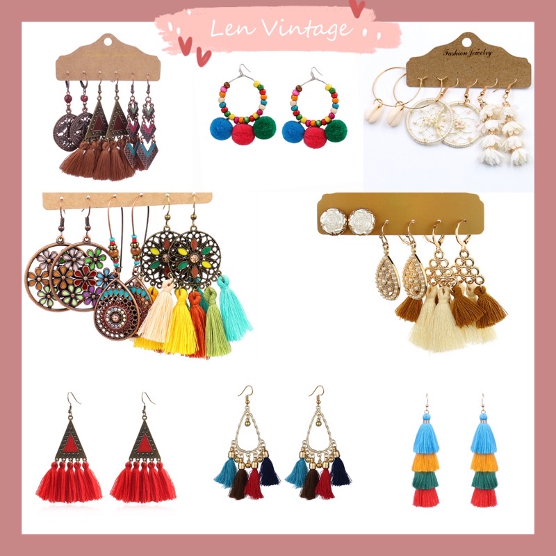 Khuyên tai bông tua rua phong cách bohochic vintage hoạ tiết độc đáo phụ kiện du lịch đi biển bohomian retro Lenvintage