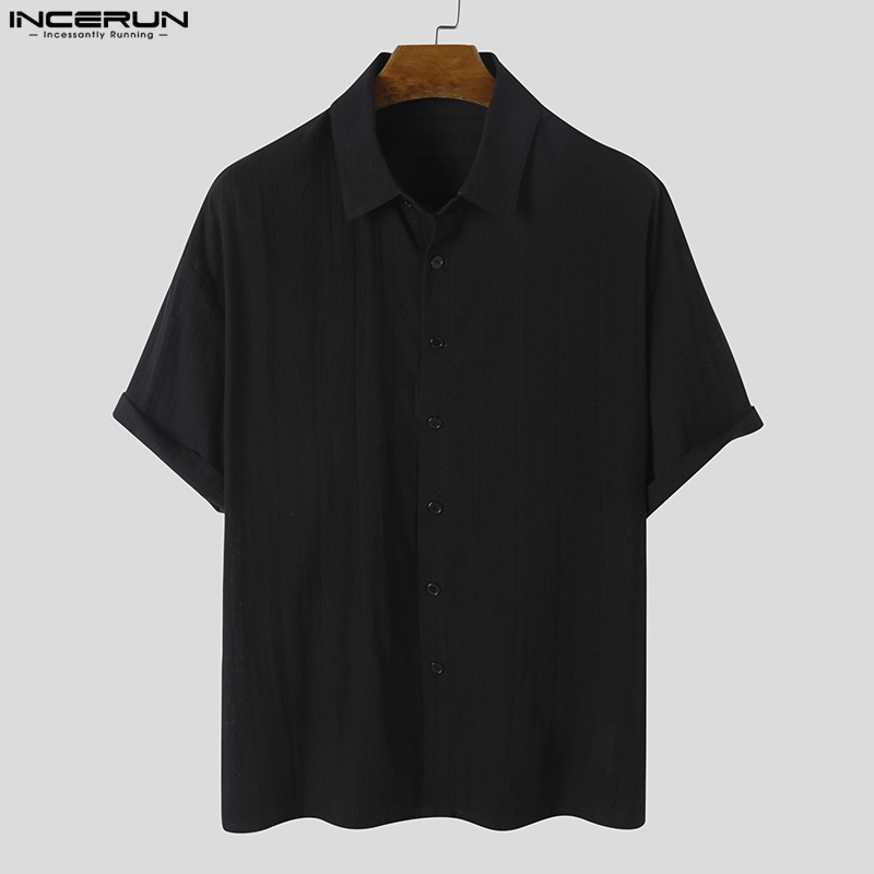 Áo sơ mi Incerun tay ngắn màu trơn cổ bẻ thanh lịch hợp thời trang cho nam