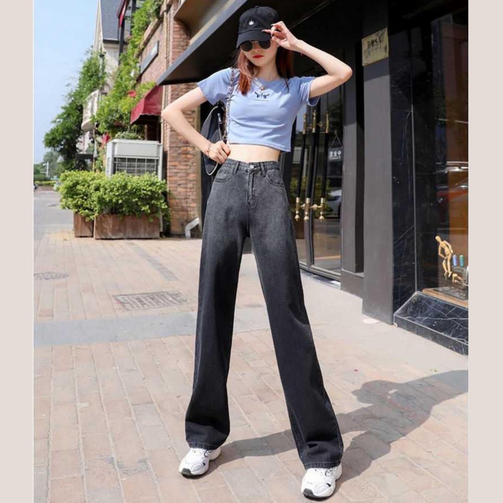 Quần bò ống rộng nữ quần jeans ống rộng suông đứng màu xám loang khói dáng suông vải bò dày đẹp cao cấp