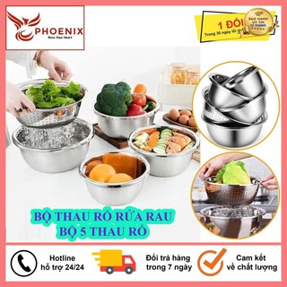 Bộ 5 thau rổ inox rửa rau củ quả, thau trộn salad dày dặn siêu tiện dụng cho nhà bếp