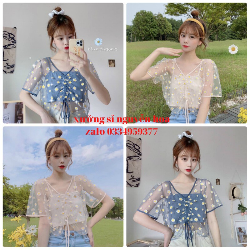 Sét croptop 2 món voan hoa cúc rút dây siêu đẹp Xưởng sỉ nguyễn hoa