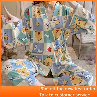 Bộ đồ ngủ pijama gồm áo kiểu kimono + quần dài in họa tiết đáng yêu thoải mái cho nữ