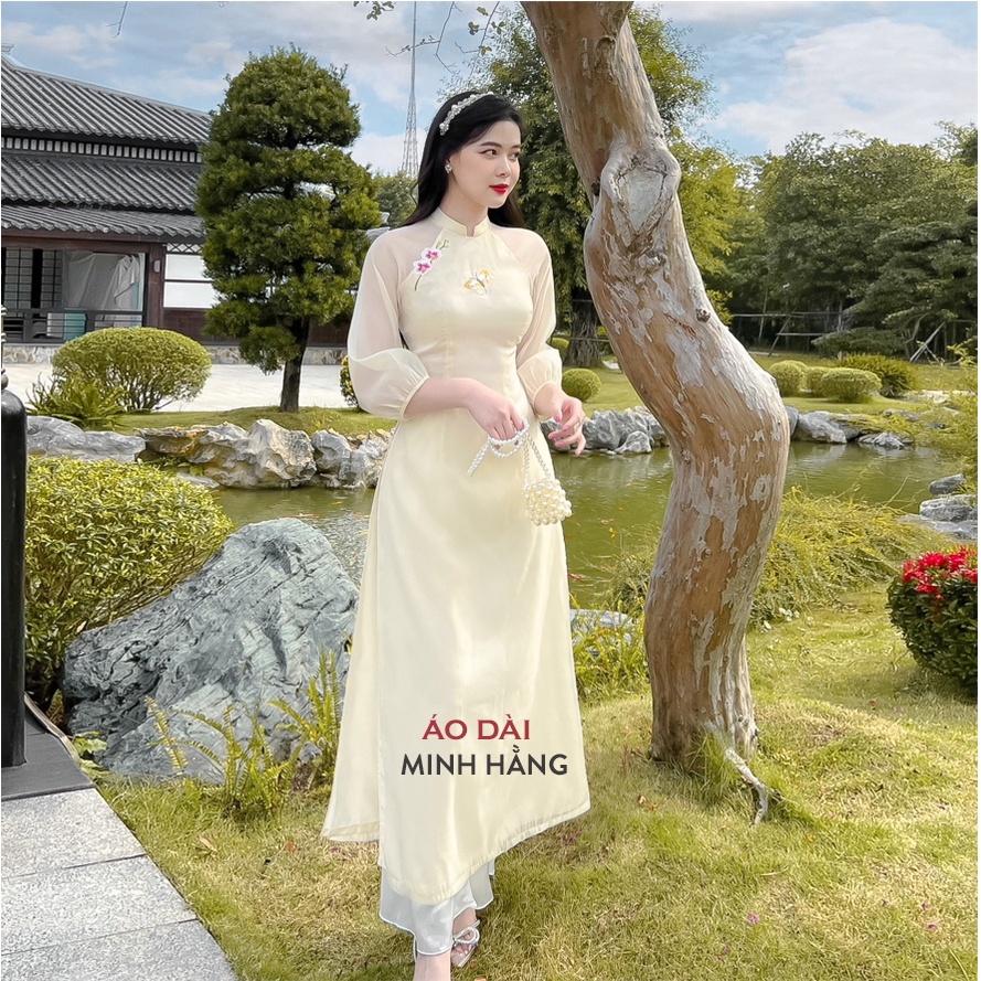 Áo dài nữ cách tân 4 tà thêu lan điệp hai lớp thủ công_ Áo Dài Minh Hằng
