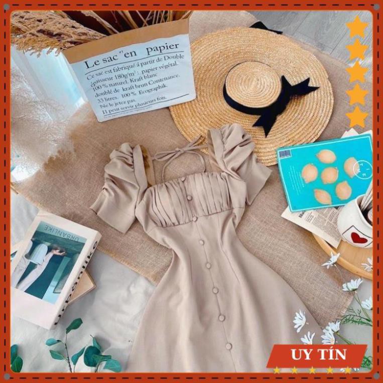 Đầm tay bồng xếp li ngực nút bọc Eva_home_fashion | BigBuy360 - bigbuy360.vn