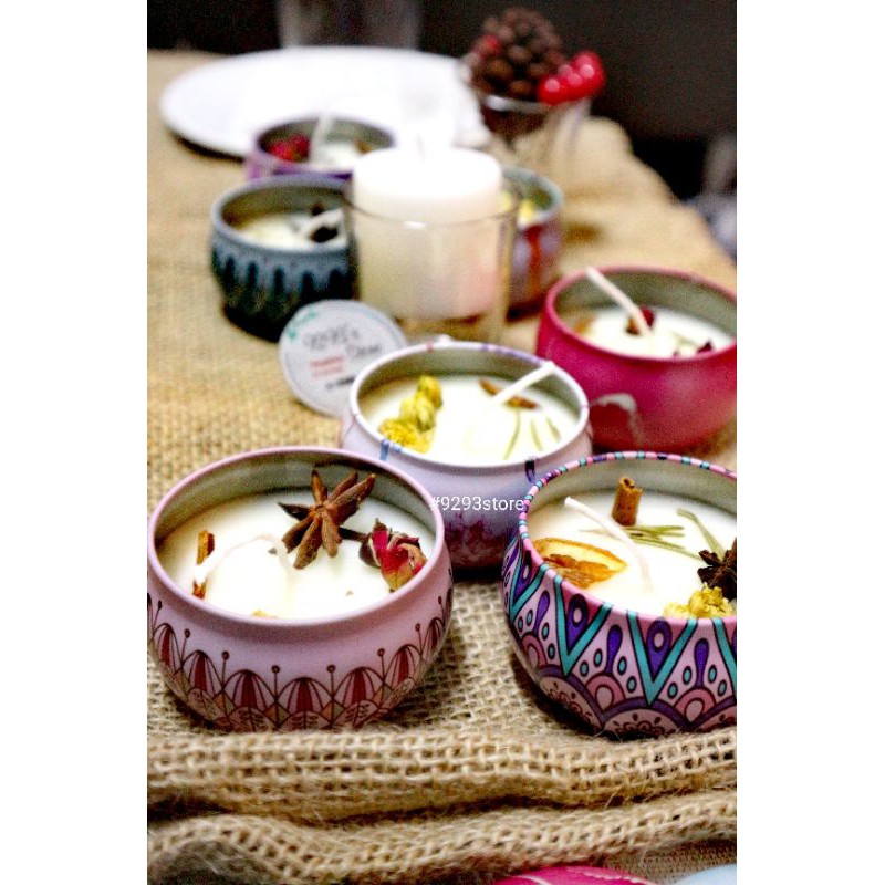 Nến thơm HANDMADE Sáp Cọ Tinh dầu Thiên nhiên kiểu Hộp thiếc vừa tay hoa văn Vintage - 9293store - 9293decorcandle