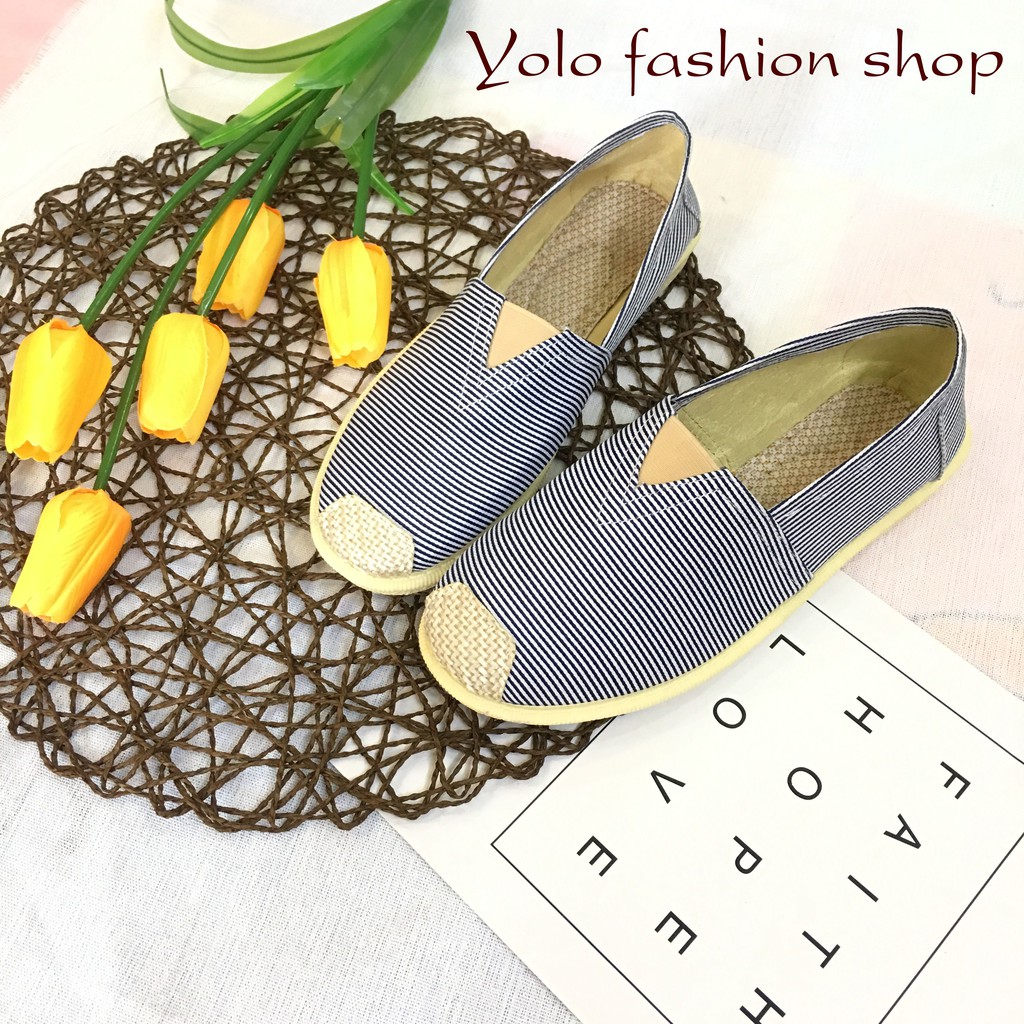 GL2 Giày lười slip on nữ kẻ ngang bọc cói vintage thời trang