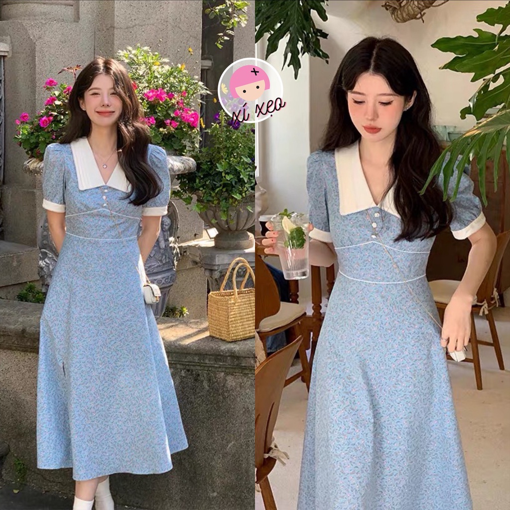 Váy hoa nhí cổ ren dáng dài xẻ tà, tay bồng viền ren tiểu thư xixeoshop - v159