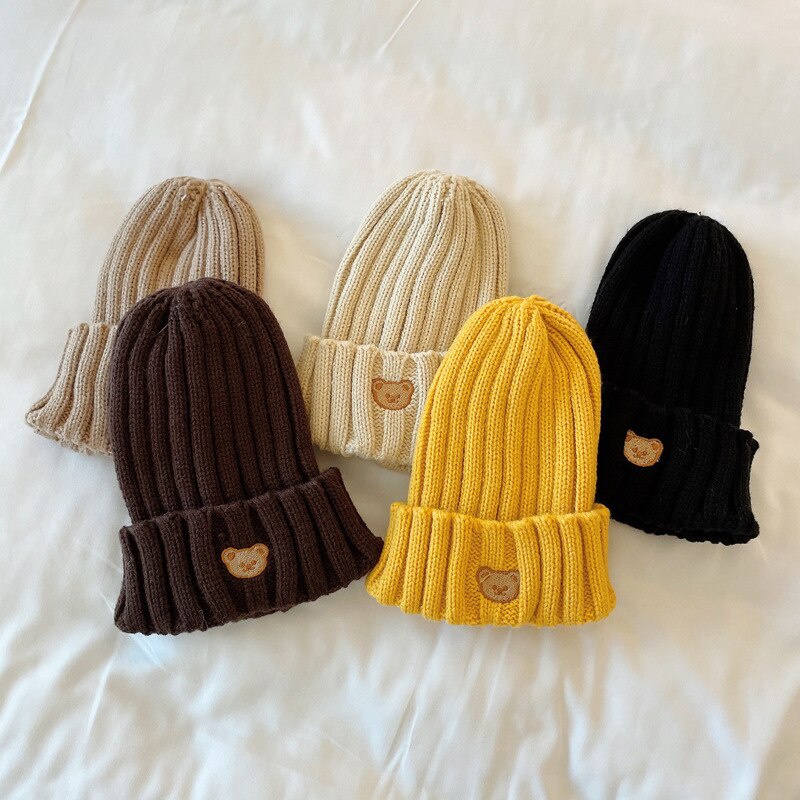 Mũ Beanie Dệt Kim Thêu Hình Gấu Dễ Thương Cho Bé