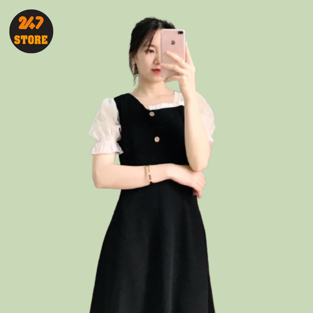 Váy đen công sở cổ lệch cúc gỗ tay voan dáng chữ A 247 STORE