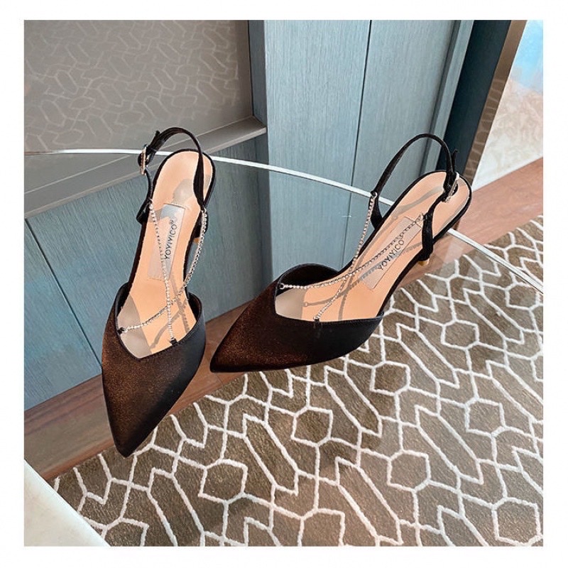 Sandal cao gót nhọn dây đá chéo nhỏ vải satin Q172