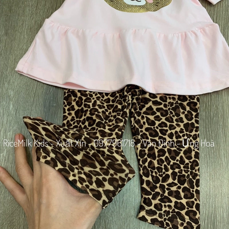 Bộ thun co dãn hình mèo nơ nâu xuất dư xịn cho bé gái
