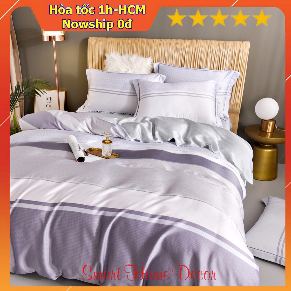 Bộ chăn ga gối 100%Tencel 60s họa tiết sọc in Digital, chất liệu siêu mềm mịn mát
