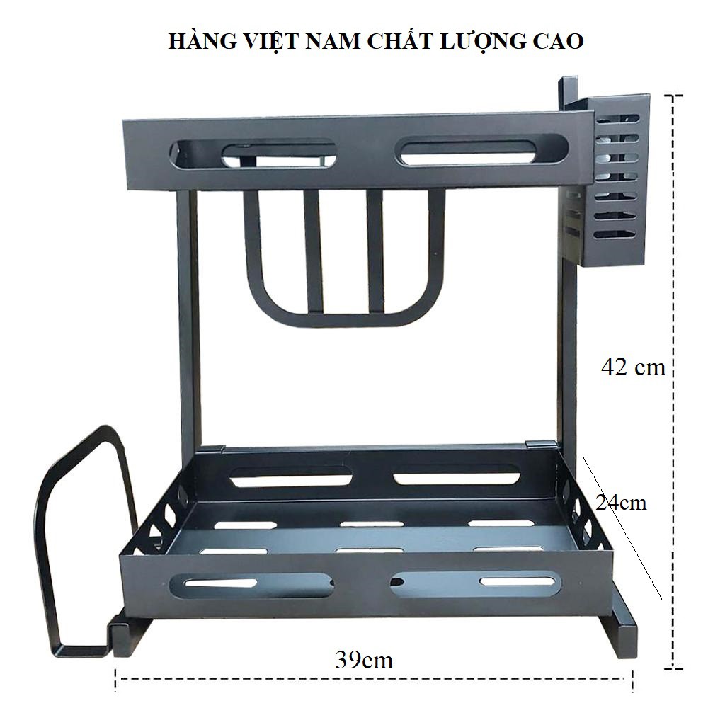 Kệ/ giá để gia vị nhà bếp đa năng 2 tầng bằng thép không gỉ màu đen có giỏ đựng đũa_inox Phú Khang