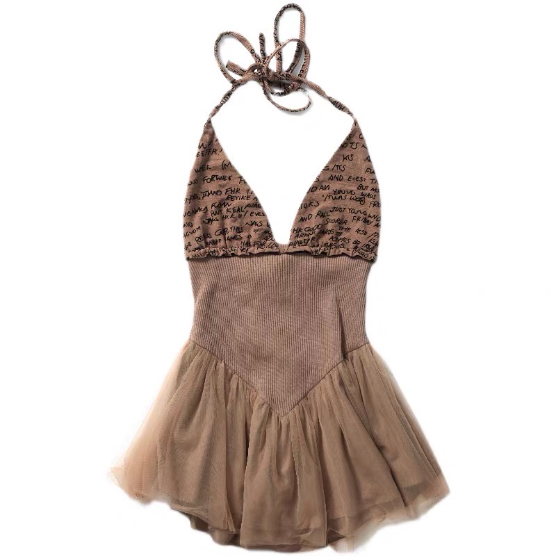 Đầm xoè barbie nâu ngắn hở lưng thắt eo gợi cảm