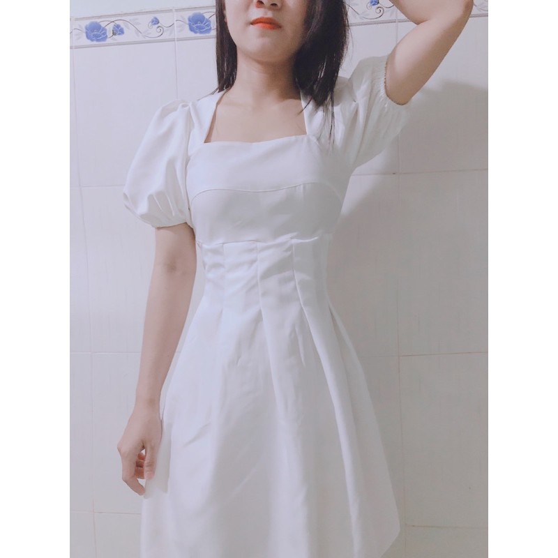 [ẢNH THẬT] đầm nữ dáng xòe cổ vuông tay phồng xếp ly eo (kèm mút ngực) | BigBuy360 - bigbuy360.vn