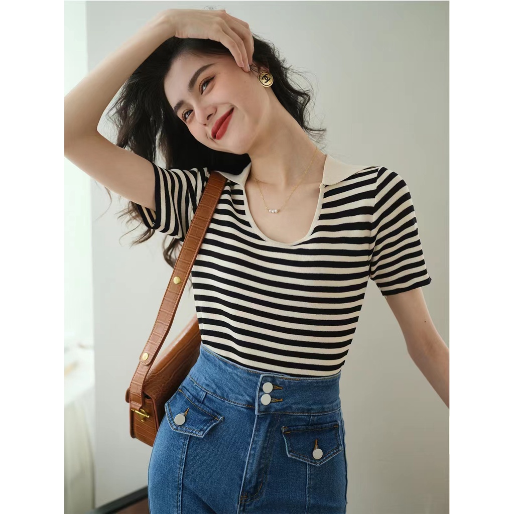 Áo Dệt Kim Ngắn Tay Họa Tiết Kẻ Sọc Phong Cách Pháp Mới